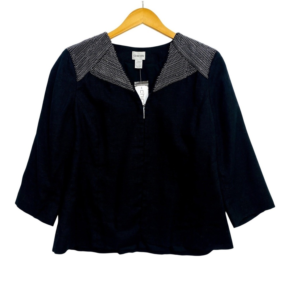 Chico's Top Womens 3 Black Linen Blend Chained Galloway‎ 3/4 Sleeve Tunic NWT